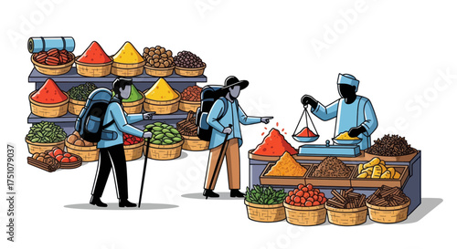 Colorful Spice Market Scene with Tourists and Vendors.