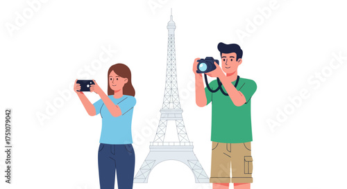 A young tourist couple a man and a woman taking photographs with their cameras while on vacation in Paris.