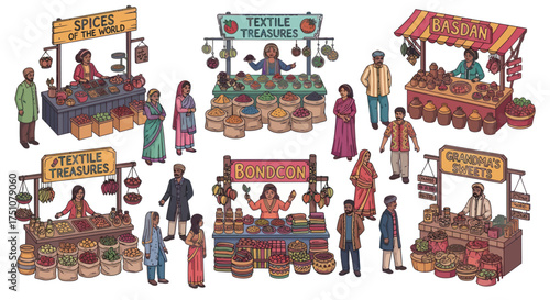 Vibrant Indian Market Scene with Vendors and Customers.