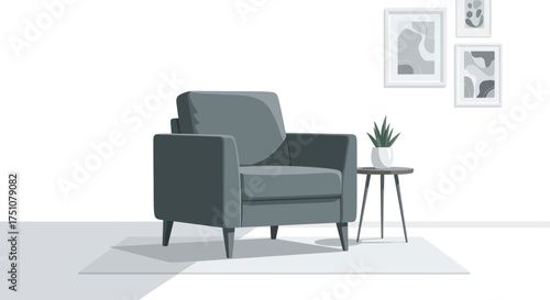 Modern Gray Armchair with Small Side Table and Potted Plant.