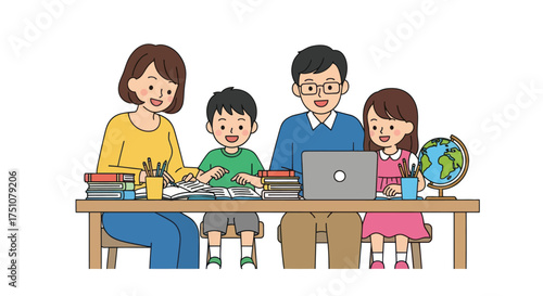 Happy Family Studying Together at Home with Books and Laptop.