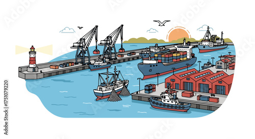 Bustling maritime harbor illustration with cargo ships, cranes and a guiding lighthouse overseeing the energetic activity of the port zone