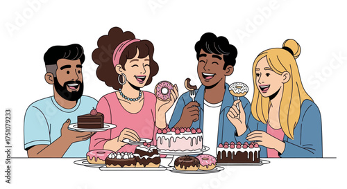 Group of friends enjoying cakes and donuts celebrating with sweet treats.