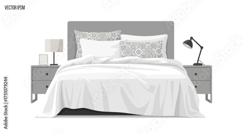 Elegant Bedroom Setup with Bed Nightstands Lamps and Pillows.