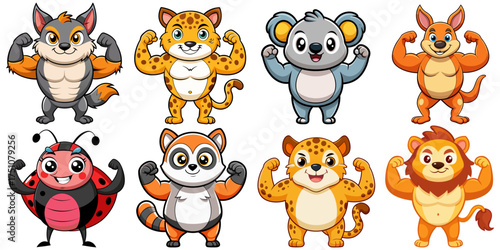 Set of Cartoon animals with chubby bodies flexing their muscles: Jackal, Jaguar, Kangaroo, Koala, Ladybug, Lemur, Leopard, lion