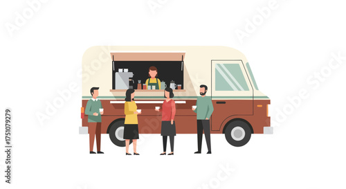 Diverse group of people queuing at a vibrant food truck for a meal.
