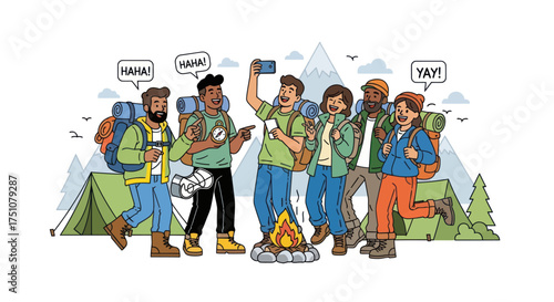 Diverse group of hikers taking a selfie around a campfire in a mountain landscape.