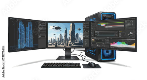 High-Performance Computer Setup with Three Monitors Displaying Complex Software Interfaces.