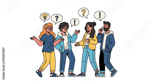 Diverse group of people engaged in discussion with thought bubbles.