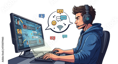Young Man Gaming on Computer with Headset and Chat Bubbles.