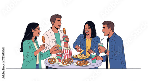 Happy Young Adults Enjoying Diverse Snacks and Drinks Together Illustration.