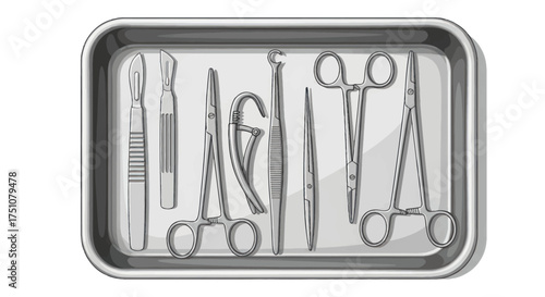 Surgical Instruments in a Metal Tray Scalpel Forceps and Scissors.