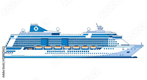 Large White and Blue Passenger Cruise Ship with Multiple Decks.