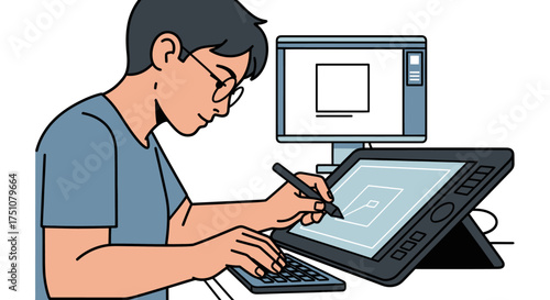 Young man with glasses drawing on a digital tablet with stylus and keyboard.
