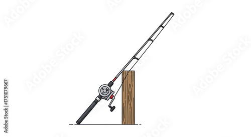 Detailed Illustration of a Fishing Rod Resting on Wooden Block.