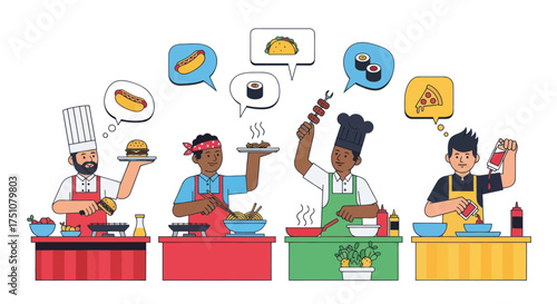 Diverse Chefs Cooking International Cuisine with Thought Bubbles.