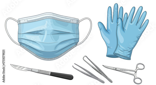 A collection of illustrated medical and surgical equipment including a face mask gloves scalpel and forceps.