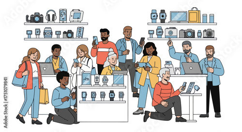 Diverse group of people shopping for electronics in a modern store.
