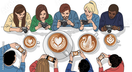 Diverse group of people photographing latte art at a coffee shop.