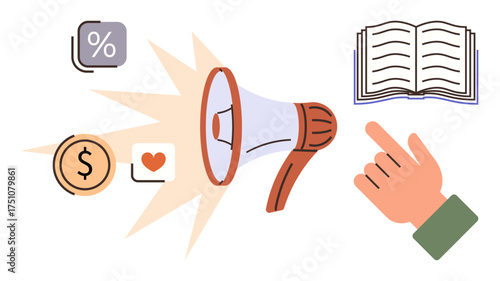 Megaphone emitting sound waves surrounded by financial, percentage, and heart icons, hand pointing at an open book. Ideal for marketing, education, finance, e-commerce, engagement communication