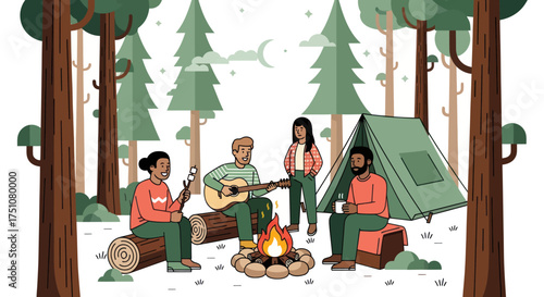 Diverse group of friends enjoying a campfire and music in a snowy forest campsite.