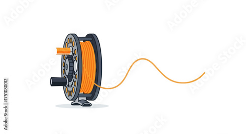 Modern black and orange fly fishing reel with a yellow line unspooling from the spool.