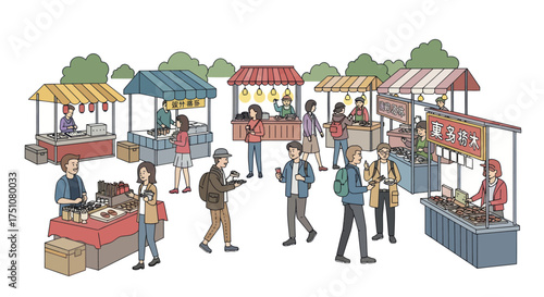 Lively Outdoor Market Scene with Diverse Stalls and Shoppers.