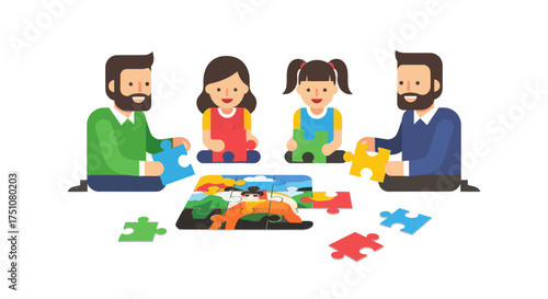 Family enjoying a colorful puzzle game together on the floor.