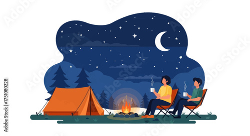Couple enjoying a campfire and starry night at a campsite.
