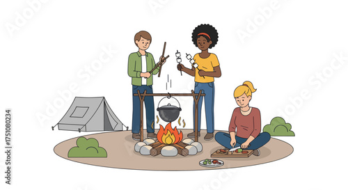 Diverse Group of Friends Camping and Cooking Over a Campfire Illustration.