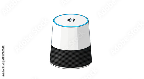 White and black smart speaker with blue accent ring.