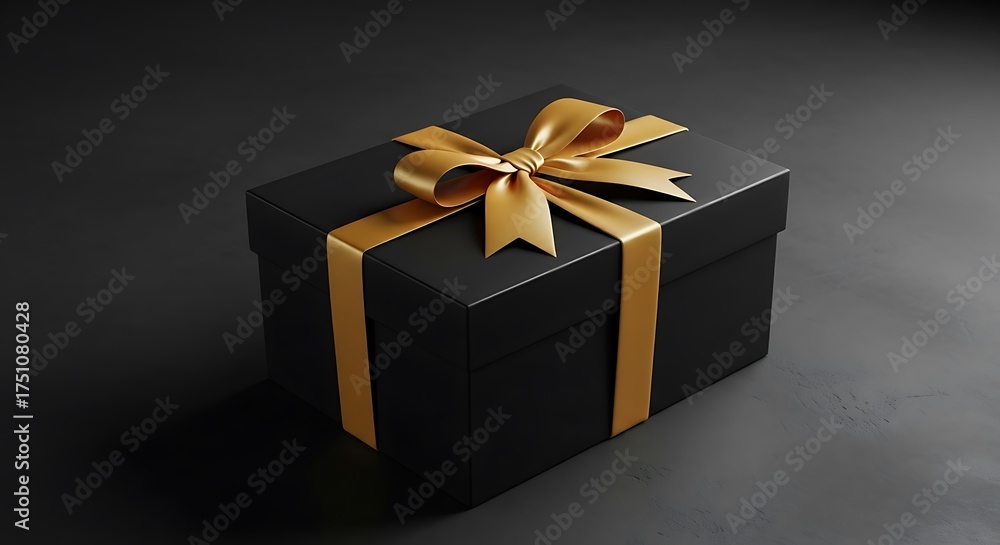 Fototapeta premium Elegant Black Gift Box with Golden Ribbon on Dark Background.
