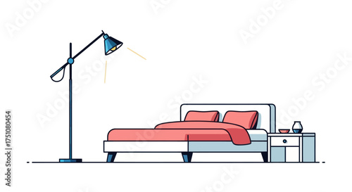 Modern Bedroom Scene with Bed Nightstand and Floor Lamp.