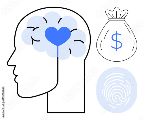 Human head with heart in brain for emotional intelligence, dollar bag for financial value, fingerprint for identity. Ideal for mindfulness, finance, security, human behavior, self-awareness