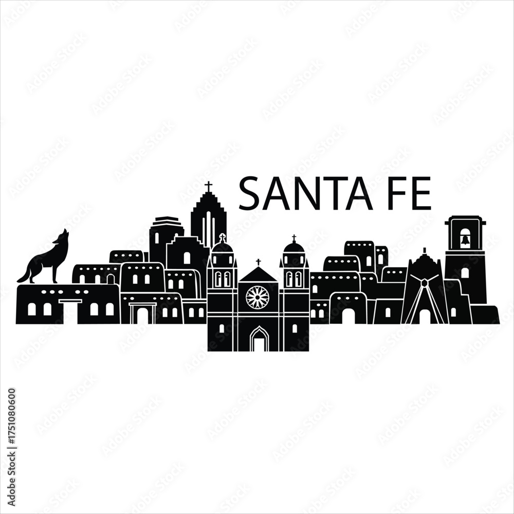 Obraz premium Black and white vector skyline illustration of santa fe, new mexico featuring iconic pueblo and spanish colonial architecture.