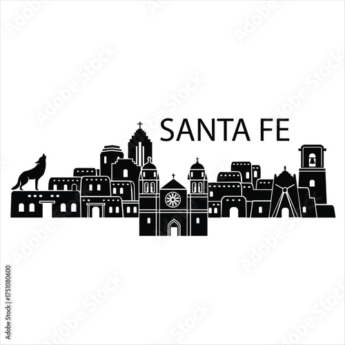 Black and white vector skyline illustration of santa fe, new mexico featuring iconic pueblo and spanish colonial architecture.