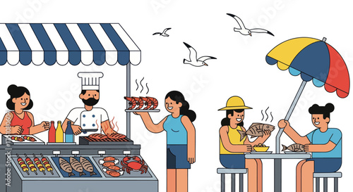 People enjoying food at a bustling outdoor market stall with a chef serving.