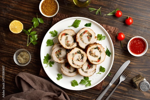 Sliced diet pork roll stuffed with mushroooms, red bell pepper, spinach