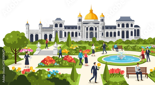Ornate Palace with Golden Dome in a Lush Garden Setting.