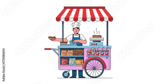 Cartoon Chef at a Pink Food Cart with Red and White Striped Awning.