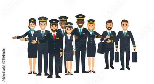 A diverse team of smiling airline pilots and flight attendants in uniform.