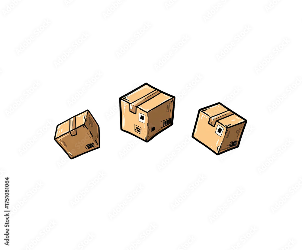 Fototapeta premium Illustration of three stylized cardboard boxes, possibly shipping or delivery related, on a black backdrop