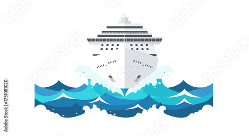 Vector Illustration of a White Cruise Ship Sailing Through Waves.
