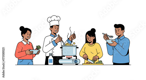 Chef cooking with three people preparing and eating food.