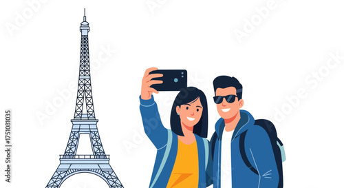 Couple taking a selfie in front of the Eiffel Tower in Paris France.