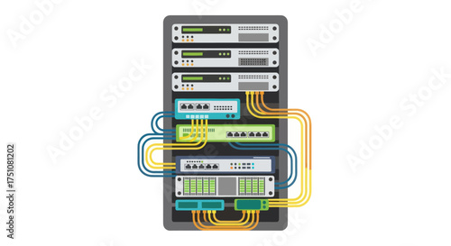Server rack with network cables and electronic equipment.