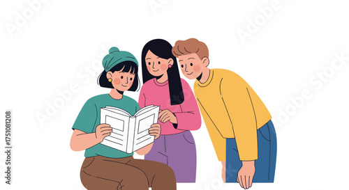 Three young people gathered around a book engaged in shared learning and discussion.