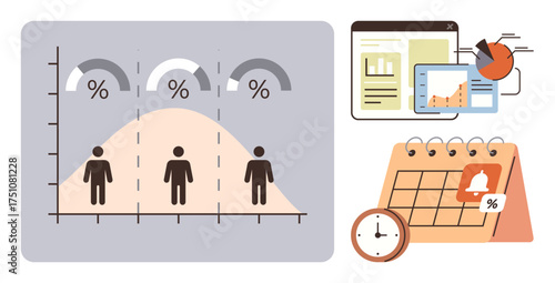 Bell curve with percentages, charts on digital screens, and calendar with reminders symbolize data-driven decisions. Ideal for statistics, planning, productivity, workflow, organization, strategy