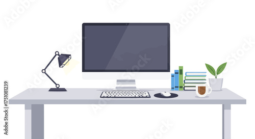 Modern Computer Desk Setup with Monitor Keyboard Lamp and Plant.