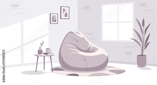 A modern minimalist living room illustration with a bean bag chair potted plant and sunlight streaming through the window.